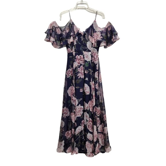 FAME and Partners Navy Floral Cold Shoulder Flowy Maxi Dress Gown, 4 - Picture 8 of 13